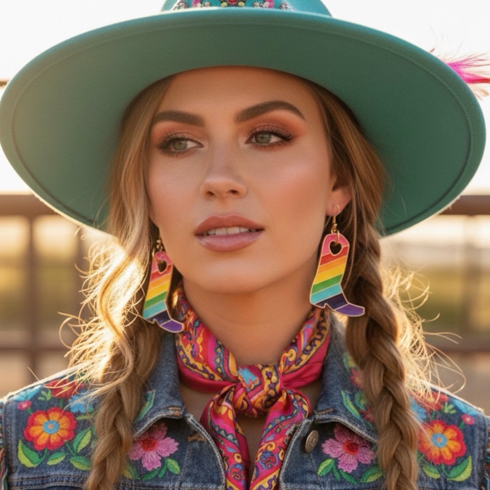 3/$22🩶 Colorful Rainbow Western Cowgirl Boots Earrings Striped Heart Cutout NEW